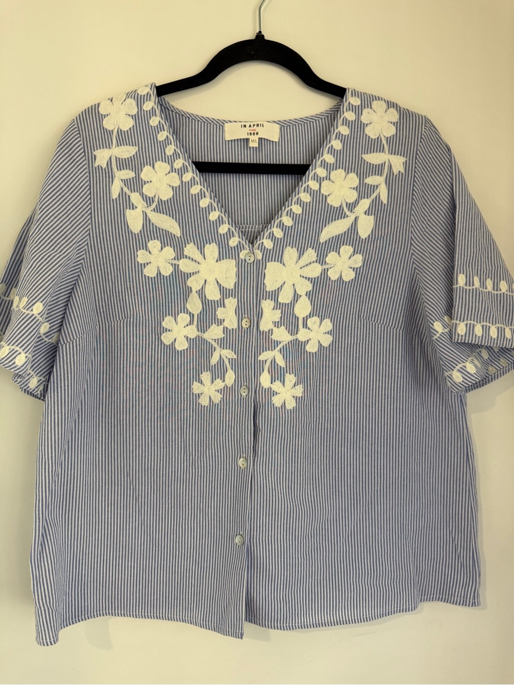 In April Blue Stripe Embroidered V-Neck Button-Front Top NWOT